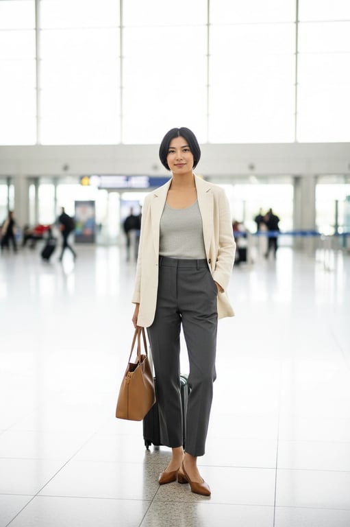 airport outfits filter after transformation - portrait wearing refined but relaxed airport outfit with blazer and travel friendly shoes