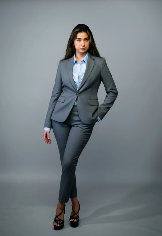 add suit to photo online free – after pic: woman wearing blue shirt and gray suit