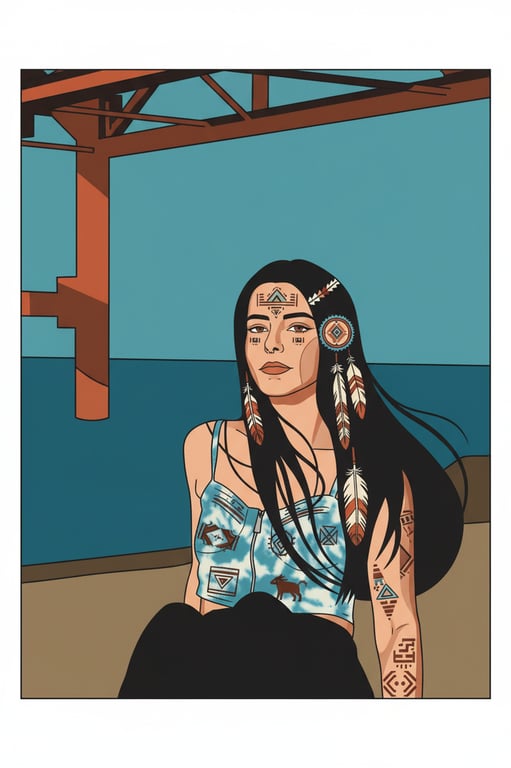 a portrait of a person transformed into a Native American art style illustration emphasizing symbolism, geometric structure, flat colors, and indigenous visual traditions
