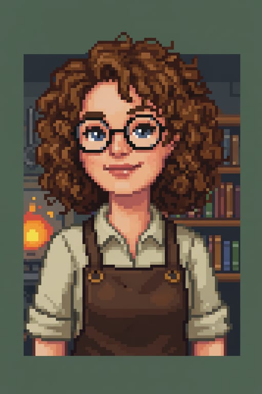 a pixel art portrait of a stardew valley npc, distinctive hairstyle and clothing, friendly or quirky expression, suitable for blacksmith or librarian role.