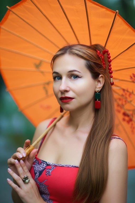 ai eye contact correction after photo - woman holding an orange umbrella corrected to look directly at the camera