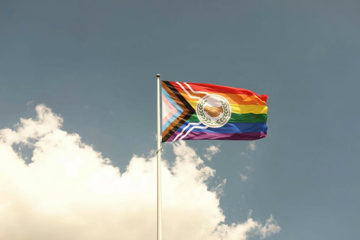 A progressive rainbow flag with additional intersecting stripes representing solidarity, incorporating symbolic icons (hands, olive branches) in a central vertical panel.