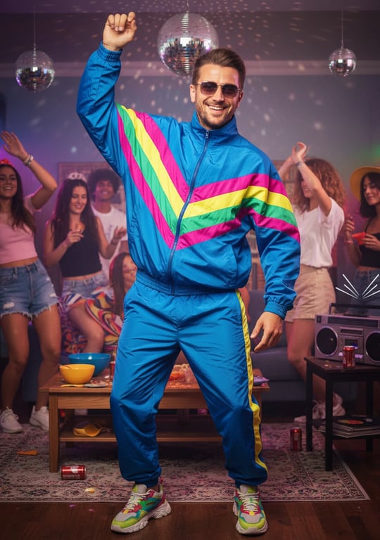 90s theme party clothes filter after transformation - portrait in oversized 90s tracksuit with lively indoor party mood