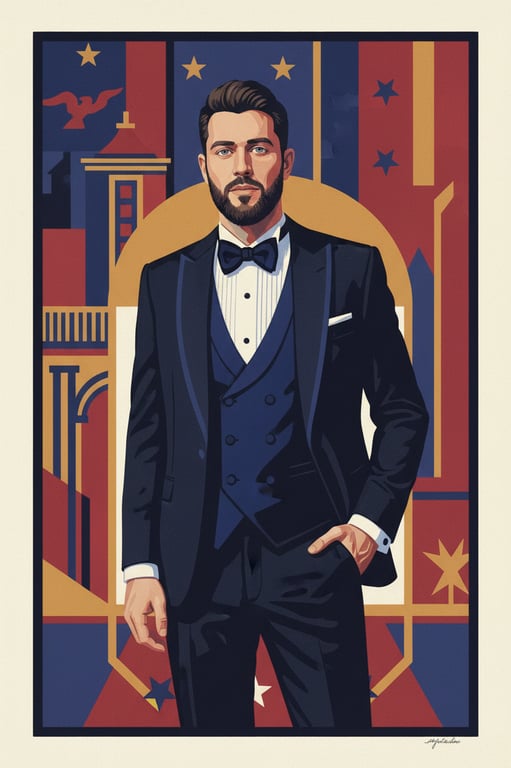 a portrait of a person reimagined in a mid-century American illustration style with simplified geometric facial shapes, clean bold outlines, flat retro color palette, minimal shading, and a classic optimistic American design aesthetic