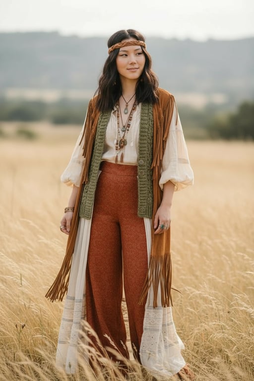 a portrait of a person styled with 70s bohemian outfit elements, flowing maxi skirts or wide-leg pants, lightweight blouses with subtle patterns, layered proportions, earthy muted tones, relaxed posture, and soft ambient lighting