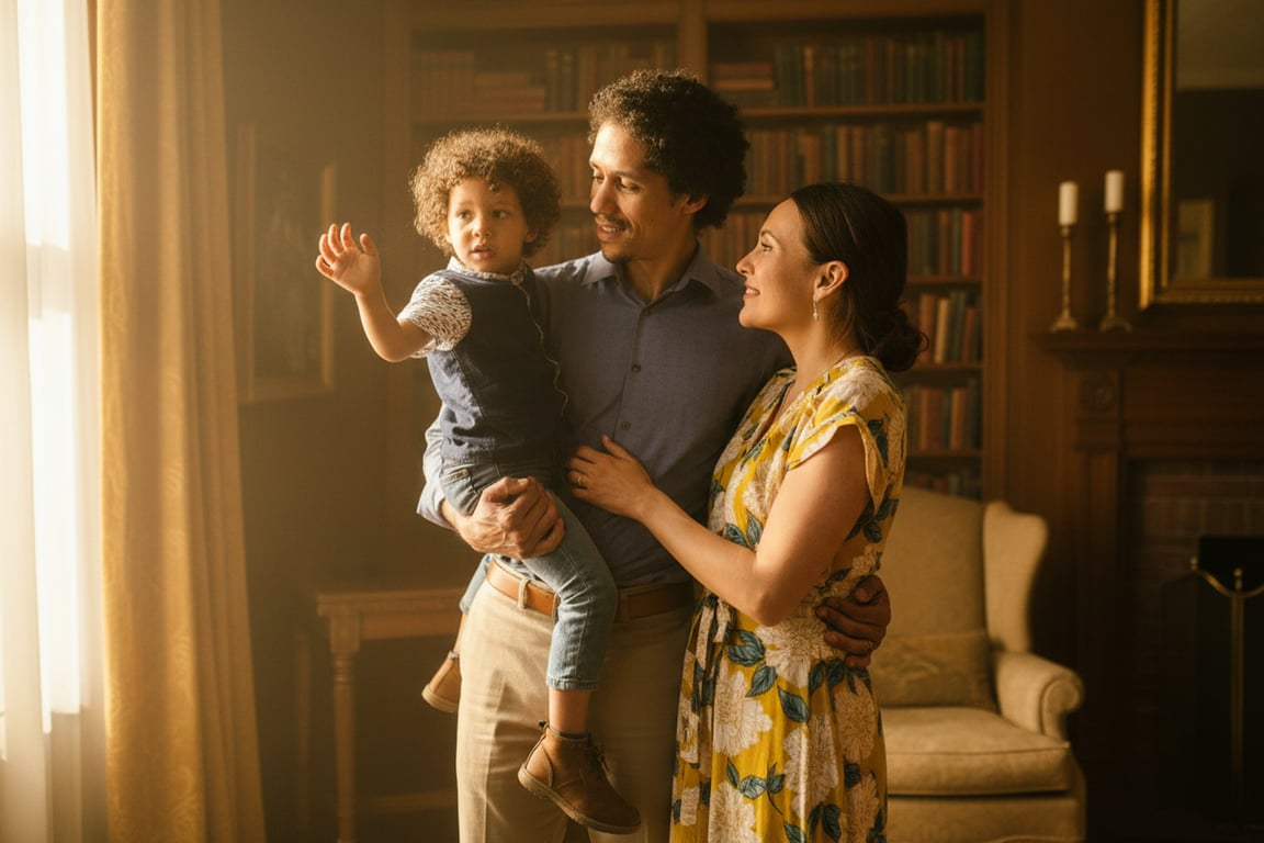 a portrait of a family transformed into a cinematic storytelling family portrait, all members styled in coordinated outfits with a unified color palette, placed in a dramatic but soft-lit environment, using intentional poses and expressions to create a movie-like family scene with strong narrative feeling