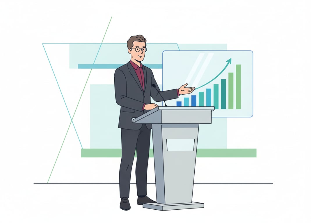 A clipart of a person giving a presentation, standing at a podium with a chart rising from it, designed in a modern, clean corporate style.