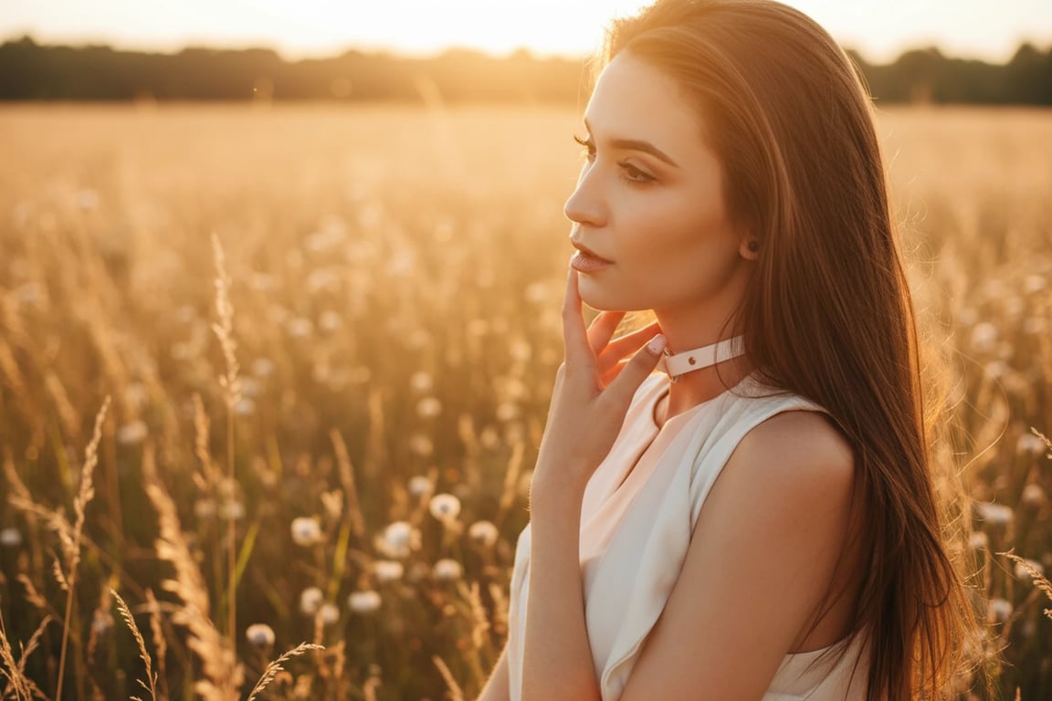 a portrait of a woman, warm tone filter, golden hour lighting, soft amber glow, natural skin tones, outdoor setting.