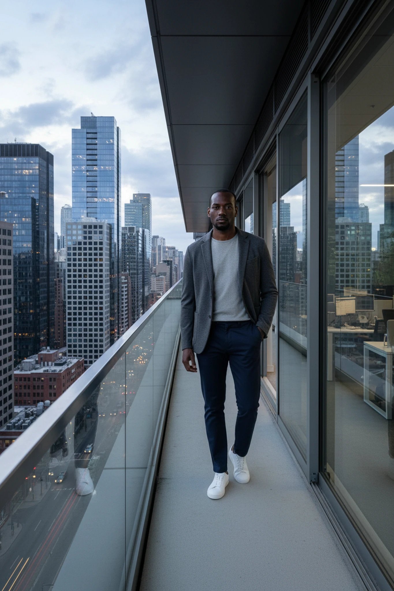 business casual outfits filter after transformation - portrait wearing casual blazer business casual look on office balcony