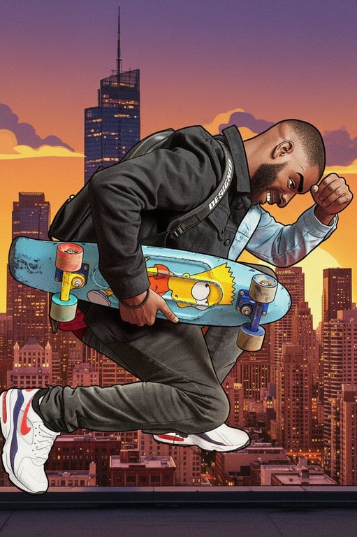 Comic Book Style filter after transformation - portrait in bold superhero comic style with strong lines and city background