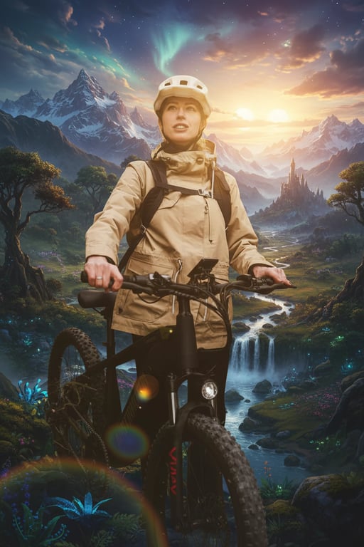 a portrait of a woman transformed with epic fantasy cinematic lighting, featuring golden hour glow, majestic landscapes, and heroic framing