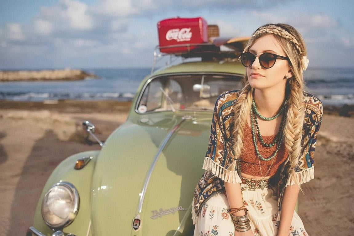 AI music festival outfits filter after transformation - full body photo rendered in colorful festival attire