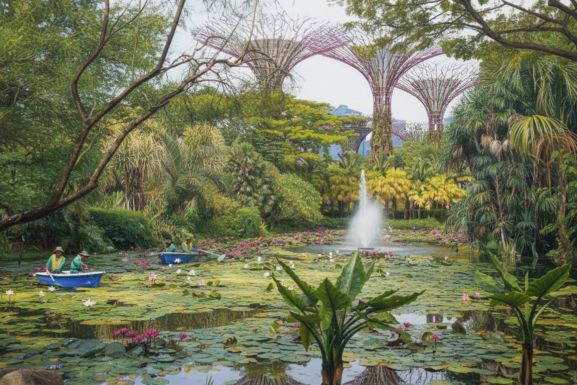 a garden scene transformed into an impressionist painting, composed of short, thick brushstrokes of unmixed color, capturing the effect of dappled sunlight, blurred details.