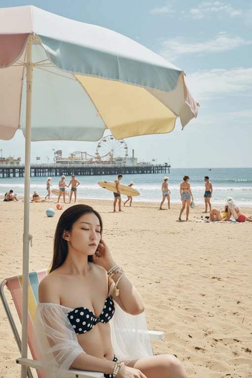 a portrait of a woman transformed into stylish tropical swim trunks with a sunset beach background and warm orange tones