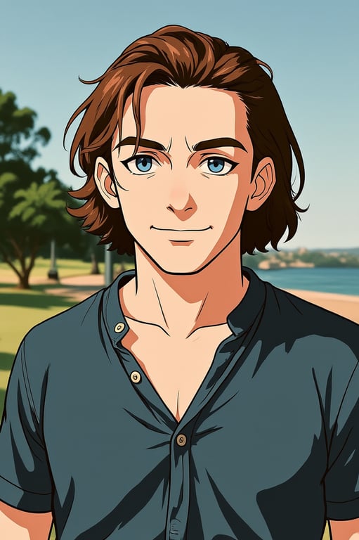 a portrait of a man, retro anime aesthetic, bold highlights on hair, detailed hand-drawn texture, muted and slightly faded colors, action pose.