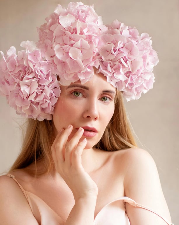photo to watercolor before pic - person wearing pink flower crown