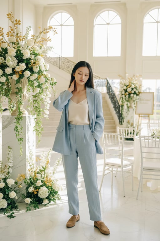 For Wedding Guests Outfits filter after transformation - portrait in coordinated pastel wedding guest set in bright hotel lobby