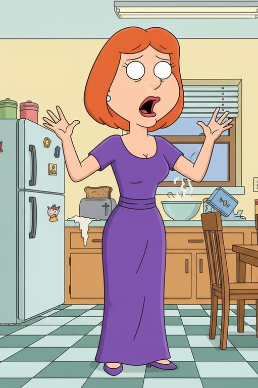 A new female character designed in the Lois Griffin style, with red hair in a specific cut, a purple dress, and exaggerated hand gestures, in the kitchen setting.