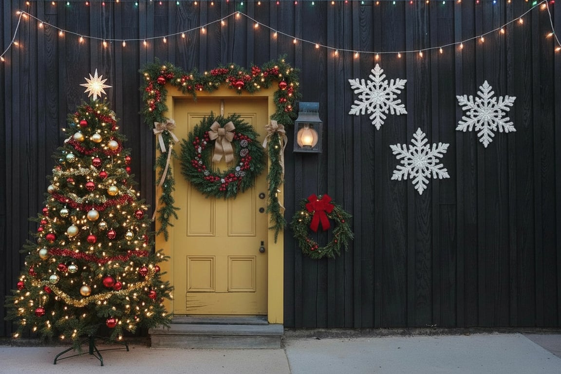 Christmas photo editor after photo - front door of the house with Christmas decoration