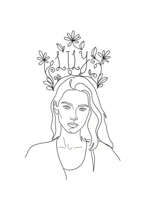 A simple line-art portrait of a woman, with her name "LILY" doodled in a flowing, whimsical font that curves around her head like a vine or a crown of flowers.