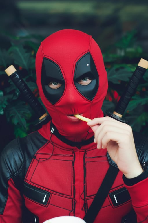 a portrait of a person as a battle-damaged Deadpool, with torn suit sections, dirt effects, and a more serious, weathered combat look