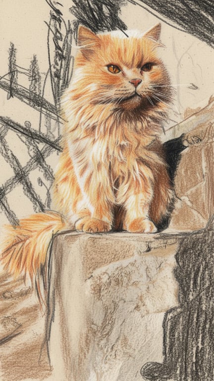 a portrait of a cat transformed into crayon drawing style, waxy color texture, visible crayon strokes, paper grain overlay.