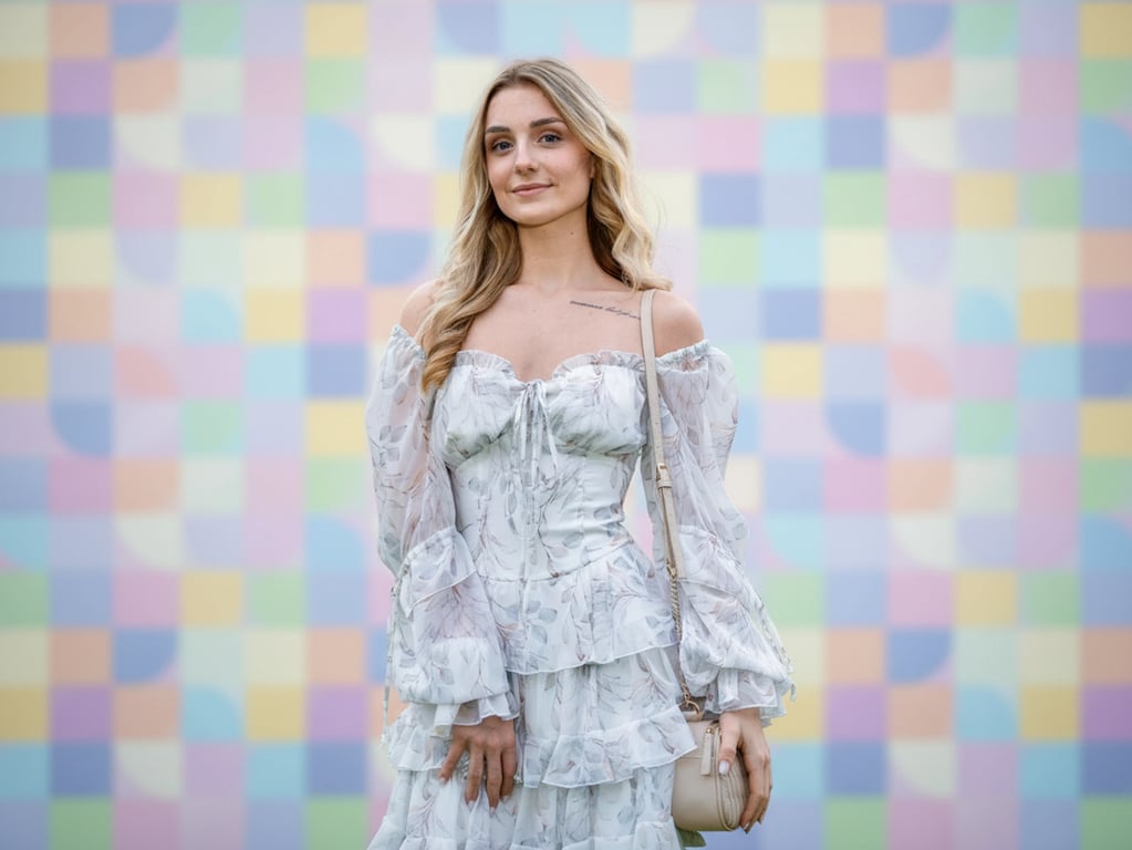 Background replaced with a blurred pastel geometric pattern to highlight the subject in a minimalist style.