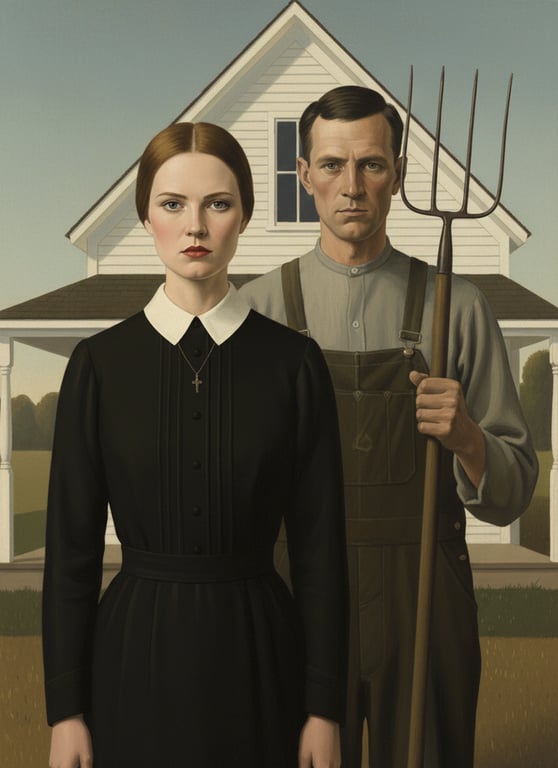 a portrait of a person illustrated in a Grant Wood–inspired American Gothic realism style emphasizing stillness, symmetry, restrained emotion, and rural American character