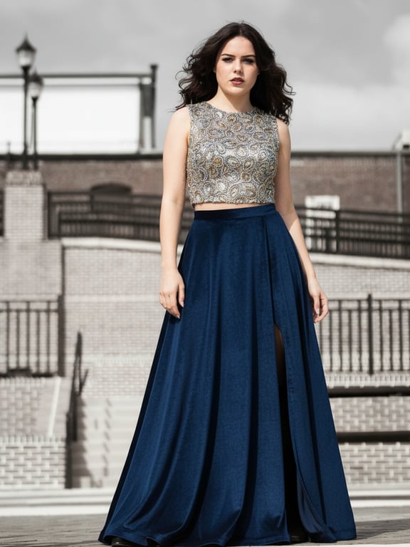 AI generated two-piece prom dress with a beaded crop top and matching skirt, a popular modern prom trend.