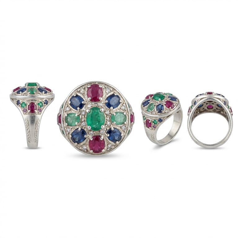 Generate a single image that presents the same ring in multiple angles within a clean e-commerce layout, including one main front view (center, largest), one side view (showing the profile, depth, and structural details), one three-quarter perspective view (slightly rotated to show overall shape and texture), and a detailed back view. Arrange all views in a clean, balanced horizontal layout where the front view is the most prominent and secondary views are smaller and aligned neatly. All views must represent the exact same product with the same shape, color, and details — no variation in design or style between views. Use a pure white studio background with soft studio lighting, high clarity and realistic material rendering, and a professional e-commerce product photography style.