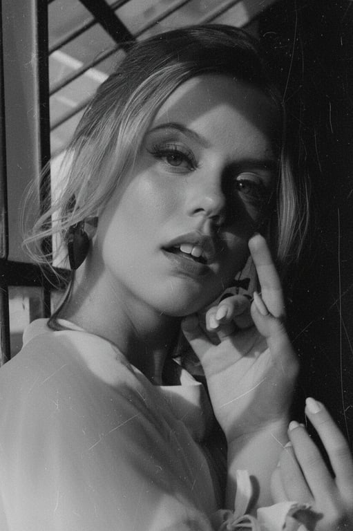 a portrait of a woman transformed with a high-contrast black and white film grain effect, with subtle scratches and soft focus