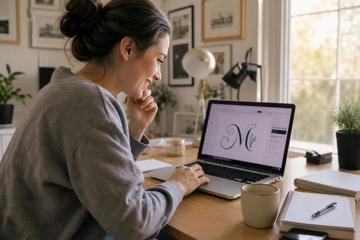 A smiling woman working at a cozy home office desk, looking at a custom monogram letter "M" being generated on her laptop screen, with a coffee cup and notebooks nearby, warm morning light atmosphere.