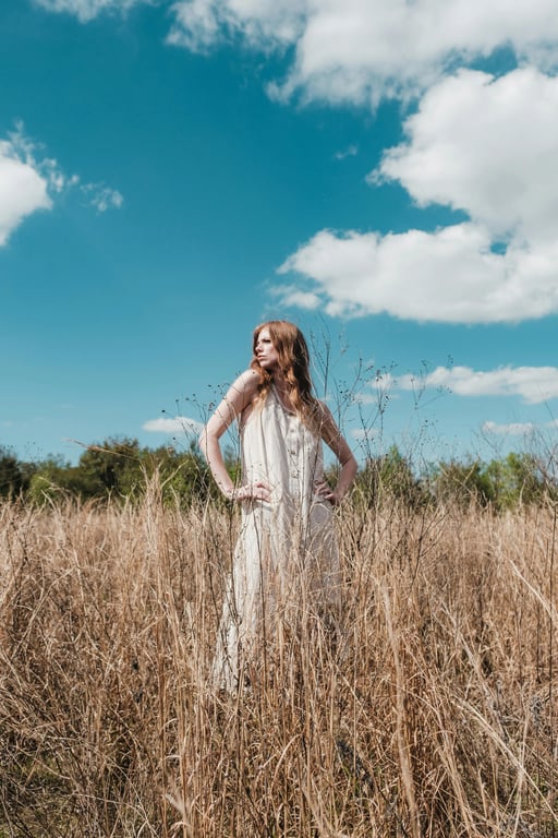 AI wedding dress before pic-woman portrait in white dress in field