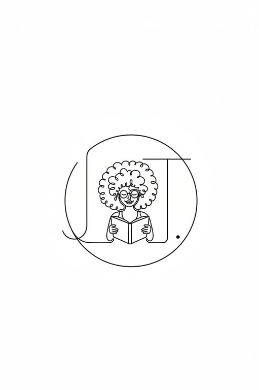 A personalized monogram where a person's initials are intertwined with a small cartoon self-portrait of them reading a book, all in one continuous doodle line.