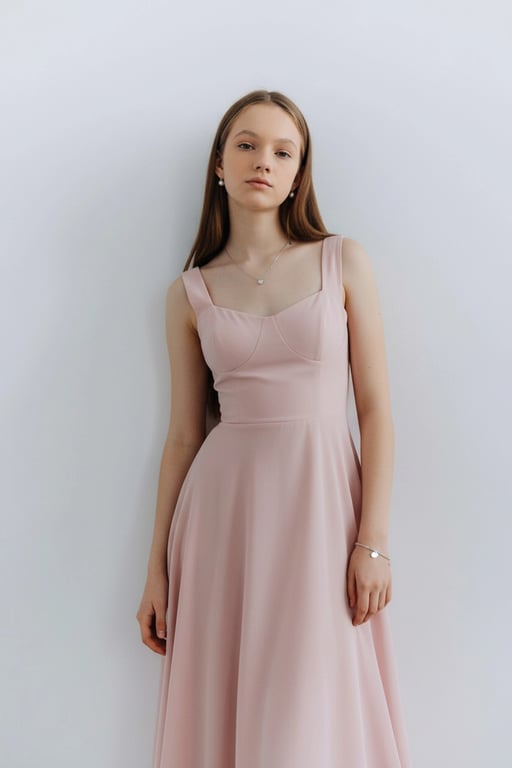 AI dress filter after transformation - full body photo with pink elegant dress