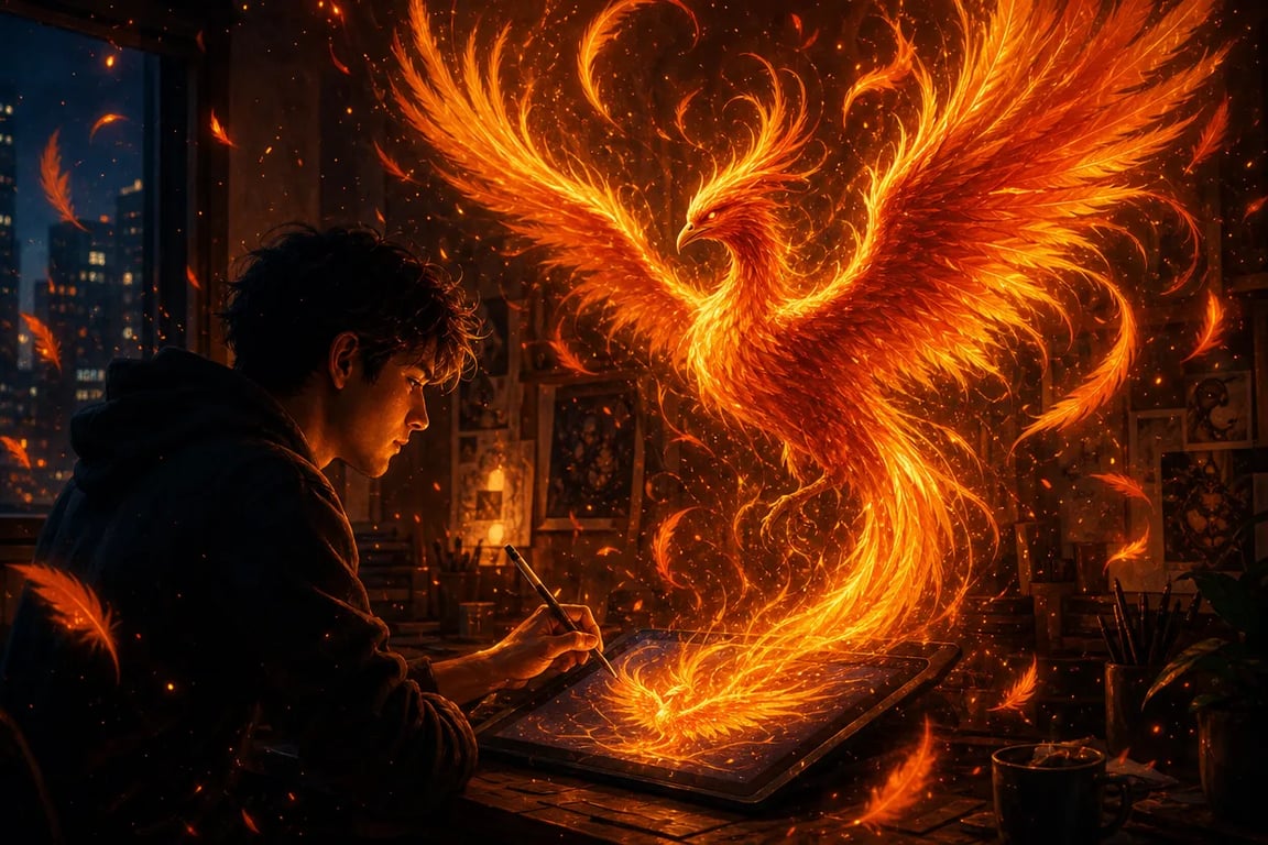 A young man drawing on a digital tablet in a dark studio, as a blazing phoenix with wings of orange and gold rises off the screen and fills the room with fire feathers and ember light.