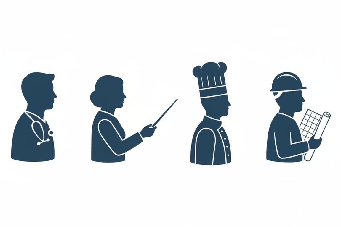 a set of professional silhouette icons: a doctor with a stethoscope, a teacher with a pointer, a chef with a hat, and an engineer with a blueprint, in a uniform dark blue color.