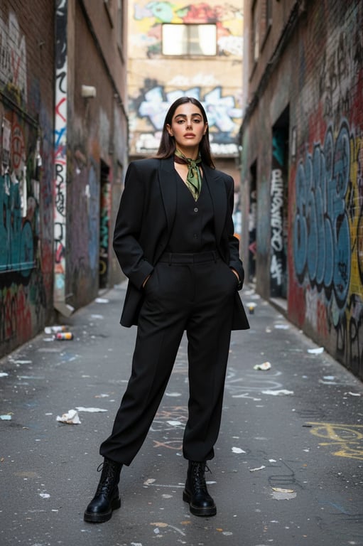a portrait of a woman wearing an oversized blazer and wide-leg pants, posing in an urban alley with graffiti background