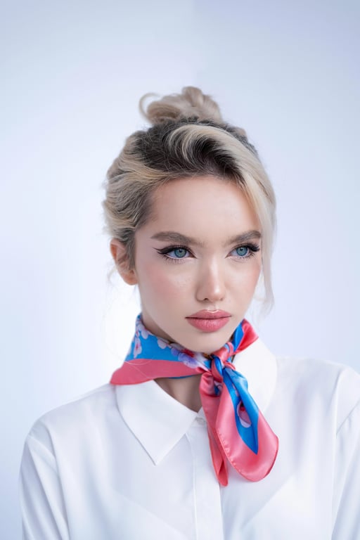 a portrait of a person styled in a classic 70s vintage outfit, featuring high-waisted flared trousers, fitted or softly draped tops, visible seam lines, warm earthy solid colors or retro prints, relaxed confident posture, and soft film-like lighting