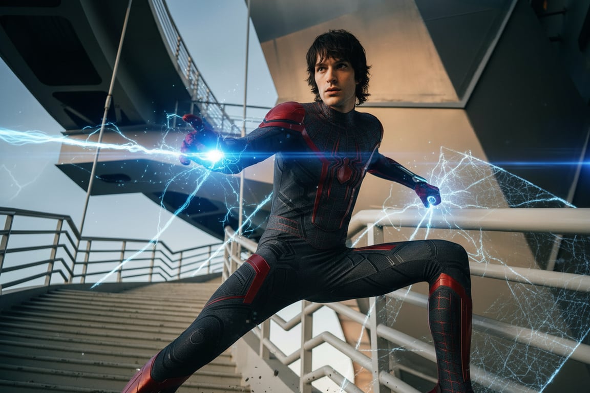 a portrait of a person styled as a spider hero in action, incorporating web elements, dramatic angles, and energetic lighting to emphasize speed and agility