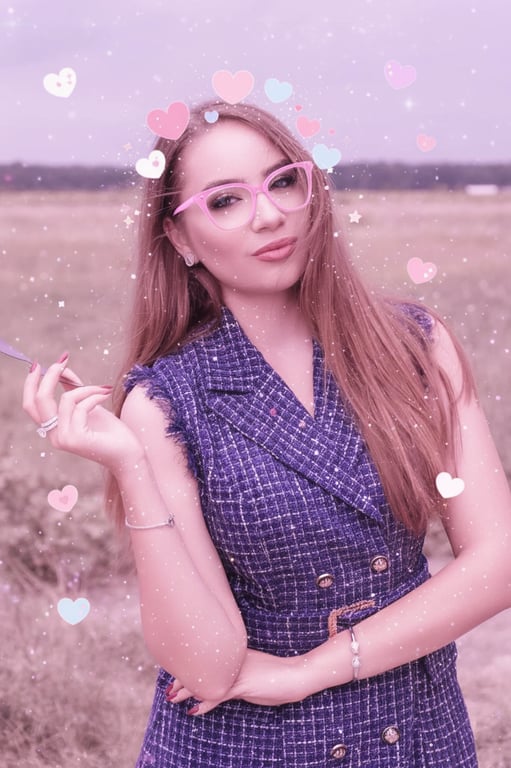 a portrait of a woman transformed with a kawaii filter, featuring soft pastel pink tones, sparkling glitter effects, and cute heart stickers