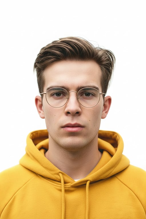 A compliant AI-generated passport photo of a man, shoulders squared, ears visible, neutral mouth expression, even illumination with no shadows, white background.