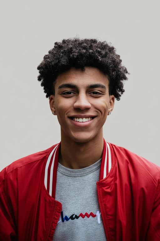 A job application-ready AI photo of a man, confident posture, teeth visible in a natural smile, subtle skin smoothing, even lighting that eliminates shadows, plain backdrop.