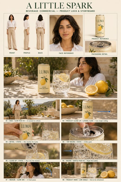 gallery item - 4 - เปลี่ยนบทเกี่ยวกับน้ำโซดามะนาว LUMA บนระเบียงที่มีแดดจ้าให้เป็นสตอรี่บอร์ดโฆษณาสดชื่นแปดช็อต