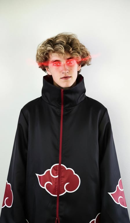 a portrait of a person edited into an Akatsuki member, wearing the black robe with red clouds and glowing Sharingan eyes