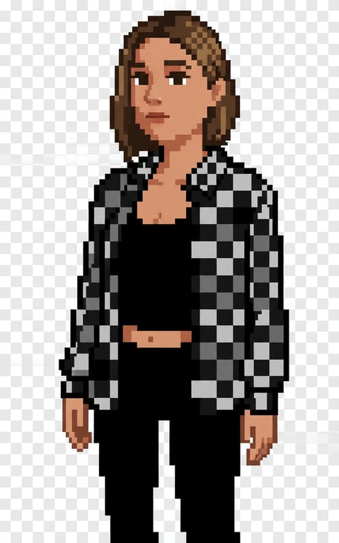 reinterpret the character as a pixel art game sprite. use a strict pixel grid, low resolution pixel style, clear 1-pixel outlines, flat colors, limited color palette, no gradients, no anti-aliasing, front-facing neutral standing pose, clearly separated head, torso, arms, and legs, readable silhouette at 32x32 and 64x64, designed for sprite sheet animation