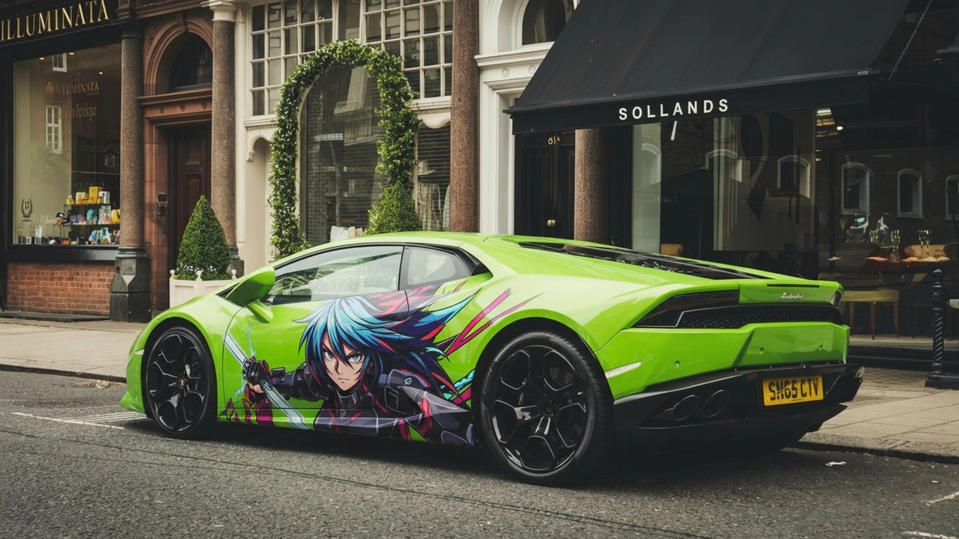 AI anime car sticker after photo - green car on the street with car sticker