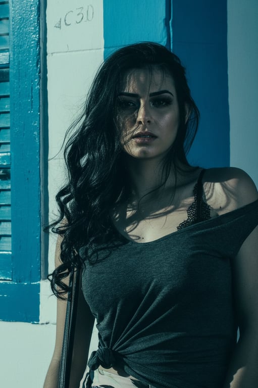 a portrait of a woman in a thriller cinematic style, featuring cool blue tones, sharp chiaroscuro, and a tense close-up composition