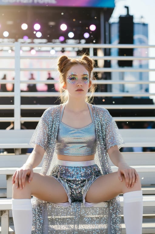 Festival Outfits filter after transformation - portrait in a glitter festival look with stage-front ambience