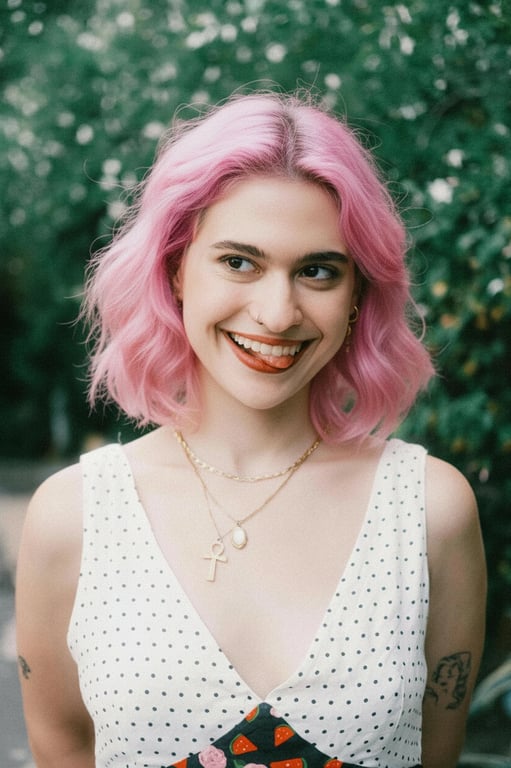 a portrait of a person styled with pink hair that reflects light naturally and avoids flat or painted appearance